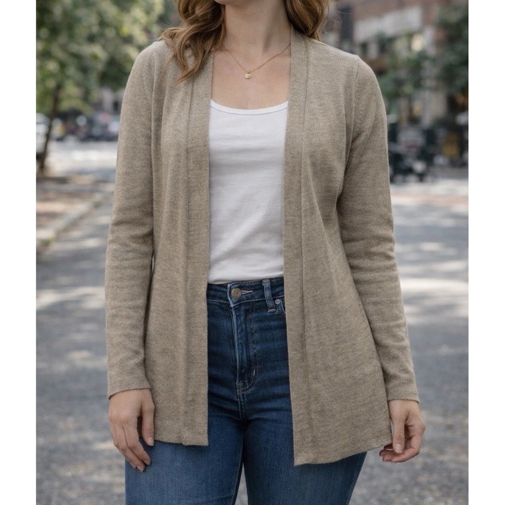 Nanette‎ Lepore Cardigan Women M Taupe Merino Wool Peplum Open Front